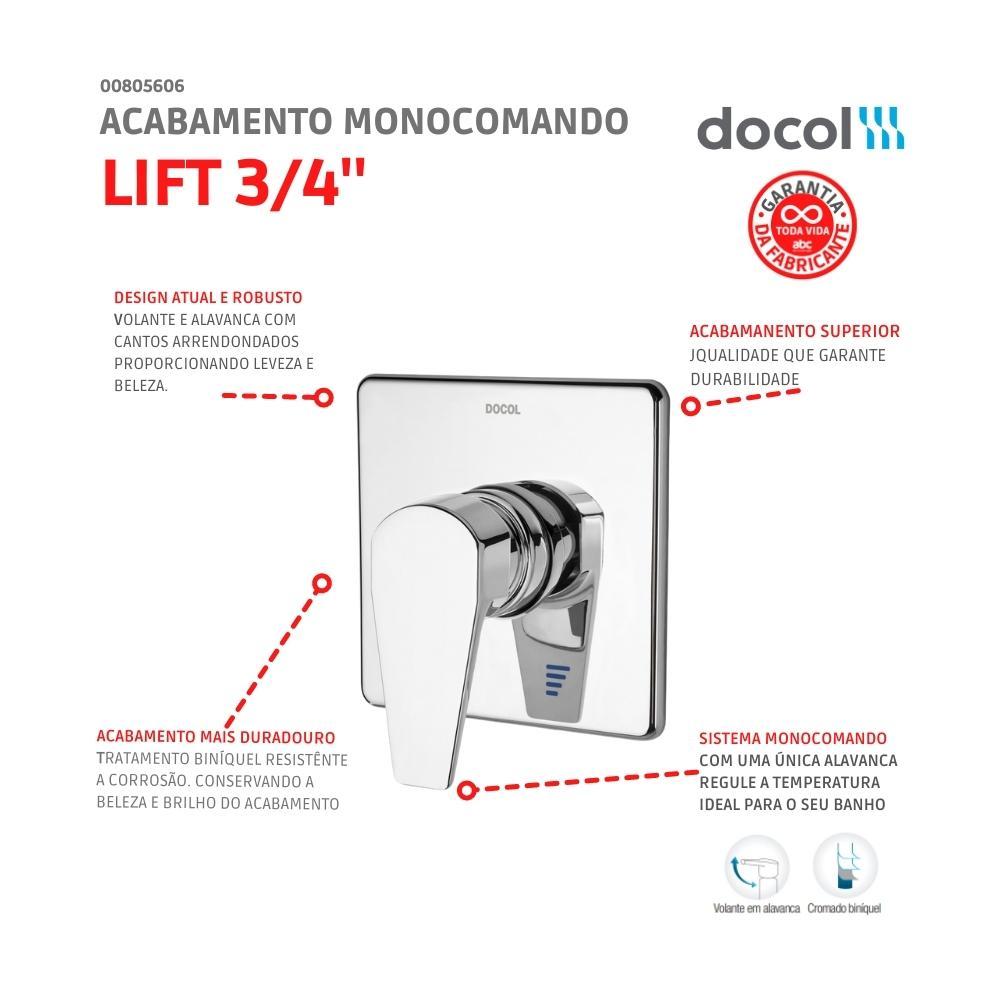 Acabamento Monocomando Para Chuveiro Lift 3/4 Baixa Pressão Cromado Docol - 3
