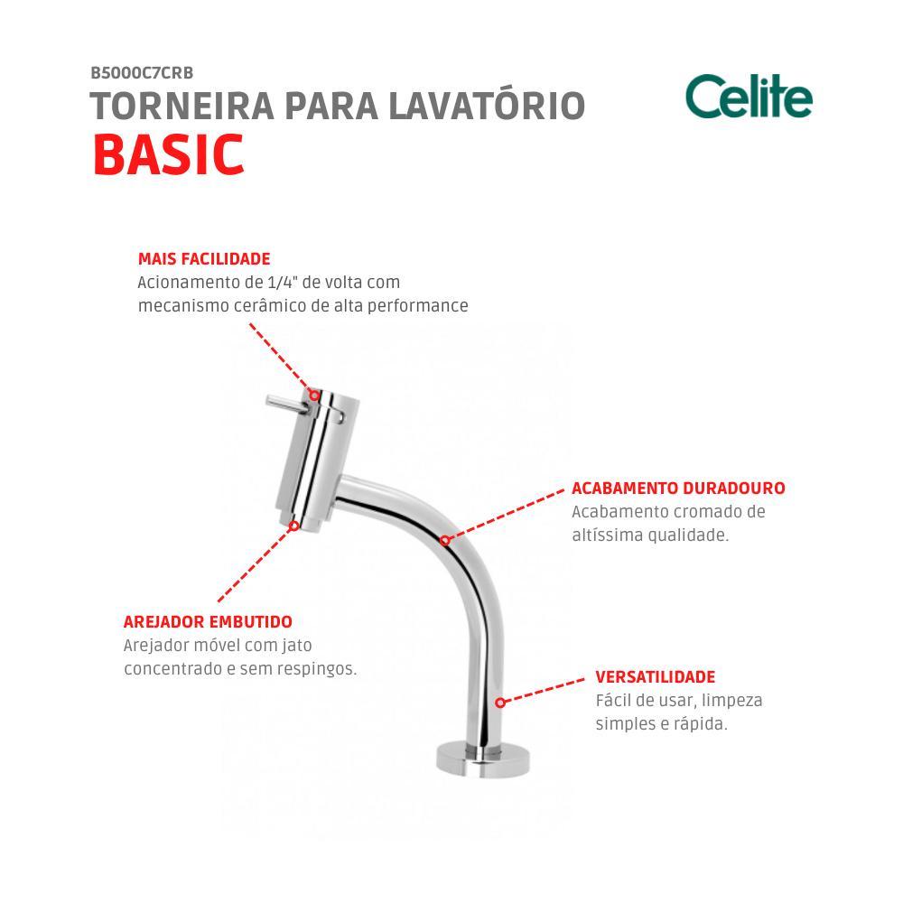 Torneira Para Lavatório De Mesa Basic Bica Baixa Cromada Celite - 6