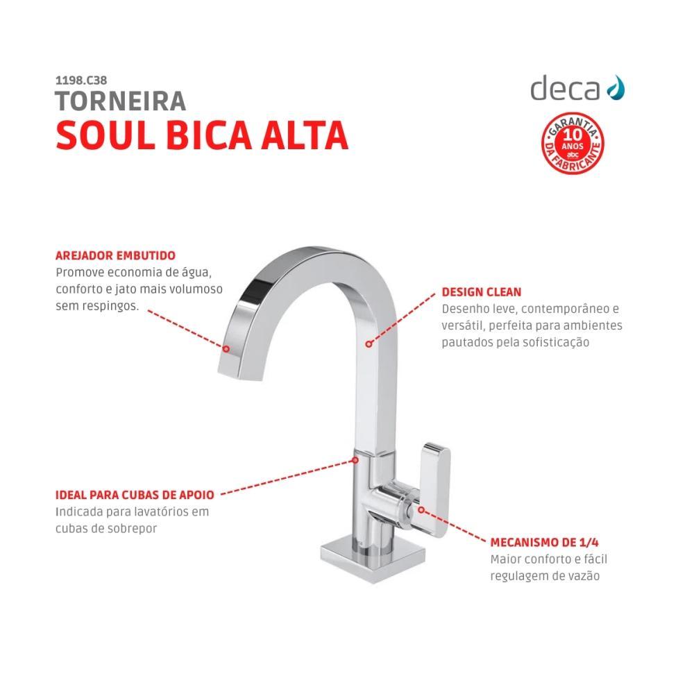 Torneira Para Lavatório De Mesa Soul Bica Alta 1198 Cromado Deca - 5