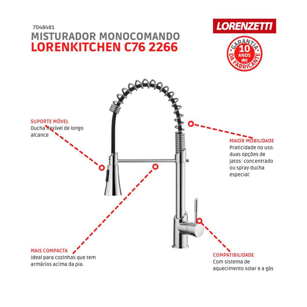 Misturador Monocomando Para Cozinha De Mesa Gourmet LorenKitchen Com Ducha C76 2266 Cromado Lorenzetti - 5