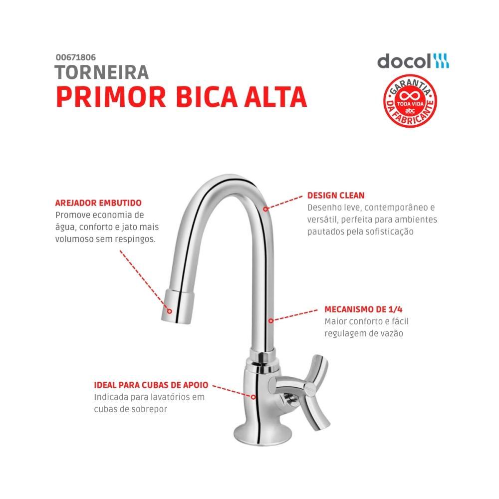 Torneira Para Lavatório De Mesa Primor Bica Alta Cromada Docol - 6