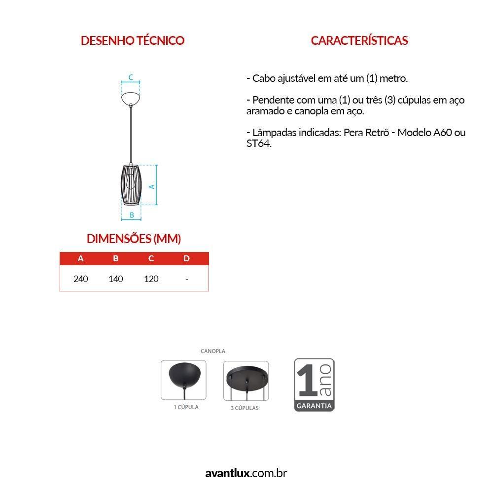 Pendente De Aço Dolium Para 1 Lâmpada Preto Fosco E27 Avant - 4