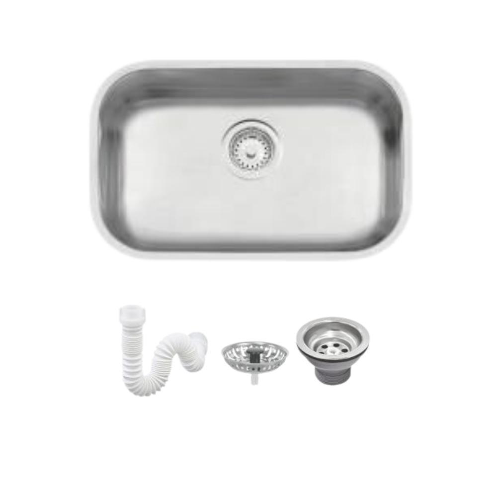 Cuba de embutir Lavinia 47 BL em aço inox acetinado 47x30cm Tramontina com Sifão Sanfonado Universal Simples 1.1/2" - 1