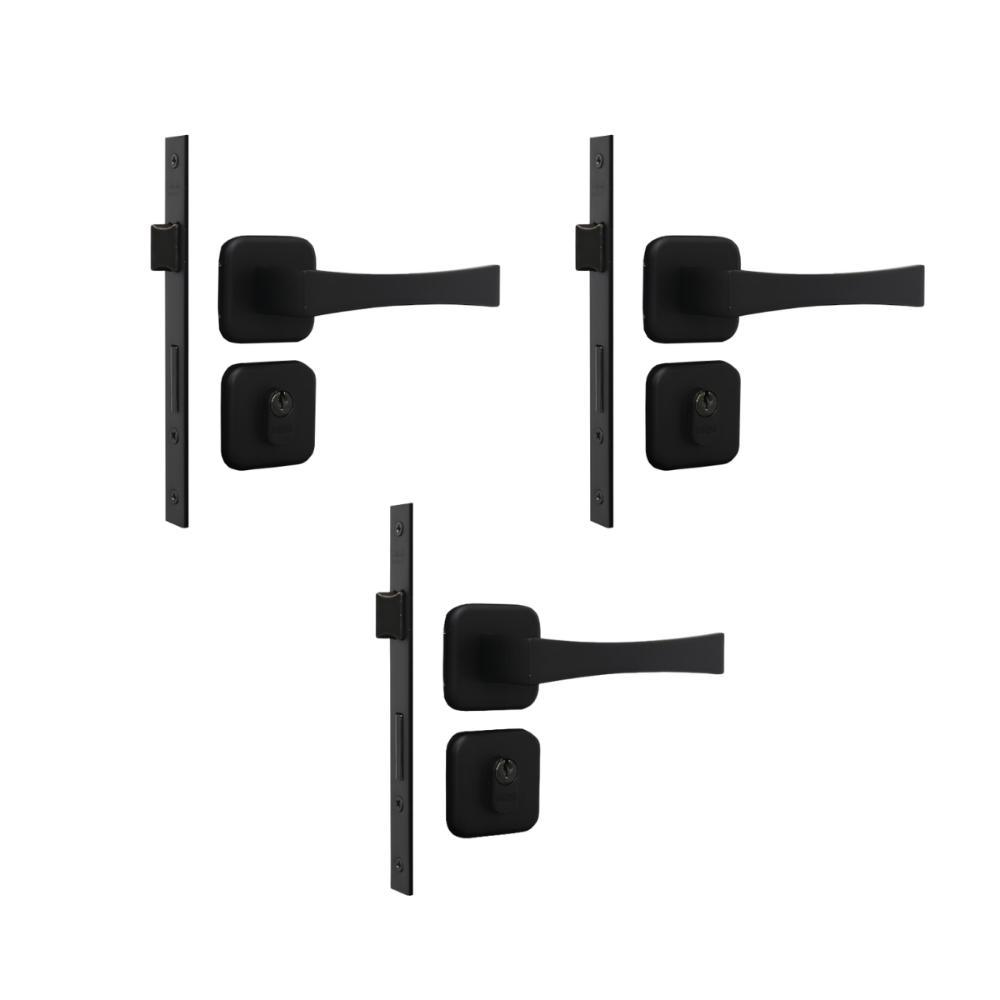 Kit 3 Fechadura Paris Externo Preto Fosco 4cm MGM - 1