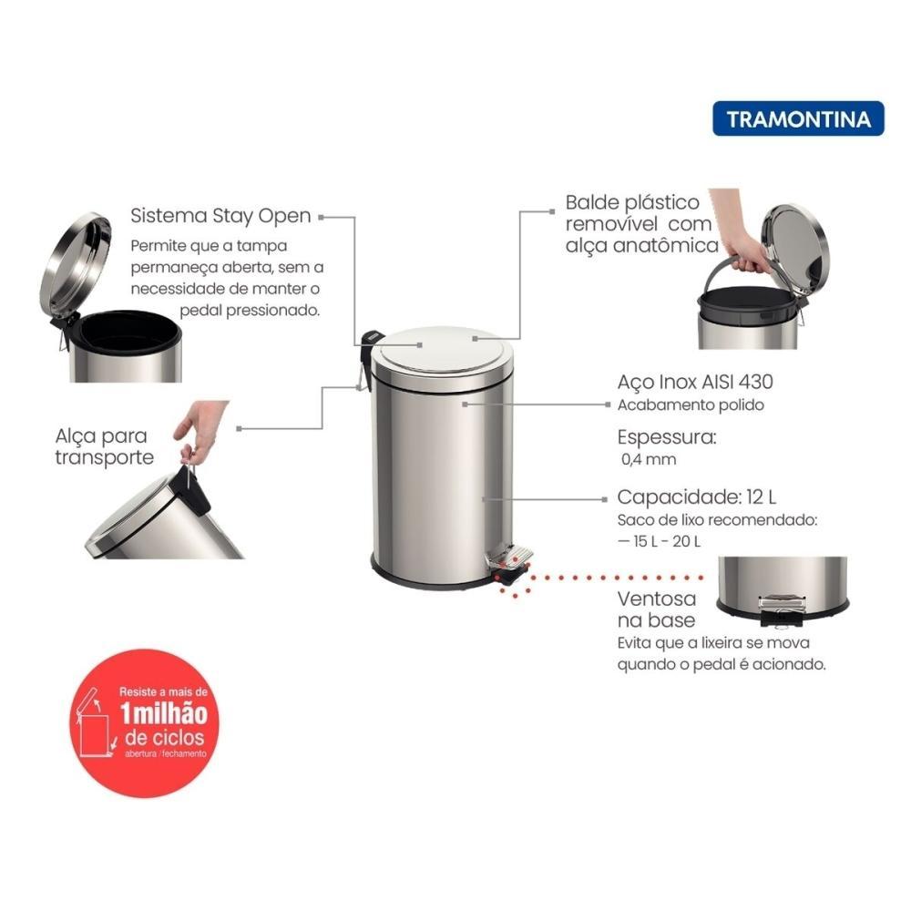 Lixeira Inox com Pedal Brasil 5L com Acabamento Polido e Balde Interno Tramontina - 2