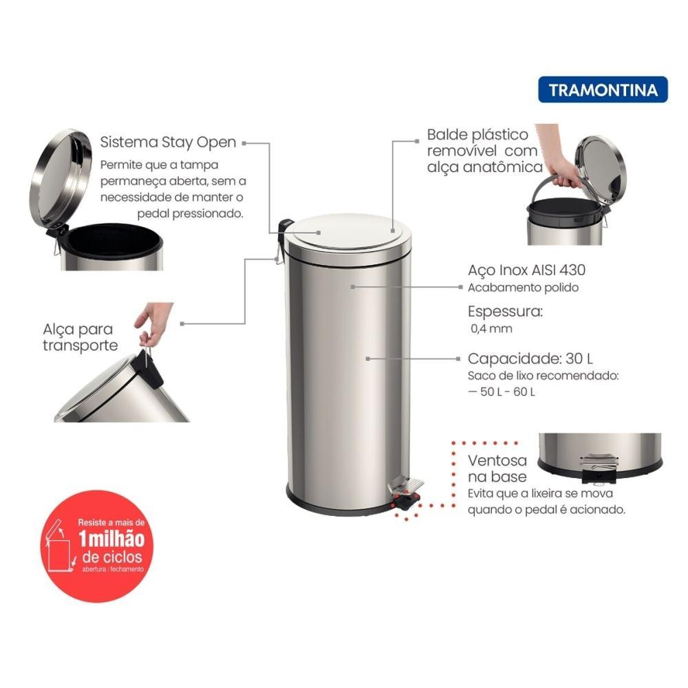 Lixeira Inox com Pedal Brasil com Acabamento Polido e Balde Interno Removível 30L Tramontina - 5
