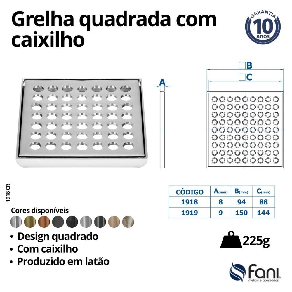 Grelha Quadrada Sem Fecho Com Caixilho 1918 BK Preto Fosco Fani 9,2cm - 5