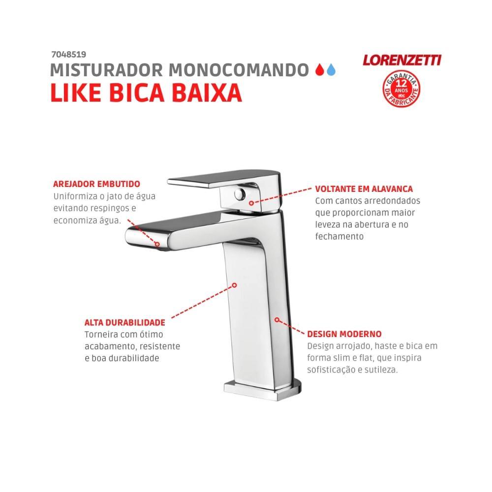 Misturador Monocomando Para Lavatório De Mesa Like Bica Baixa C78 2875 Cromada Lorenzetti - 3