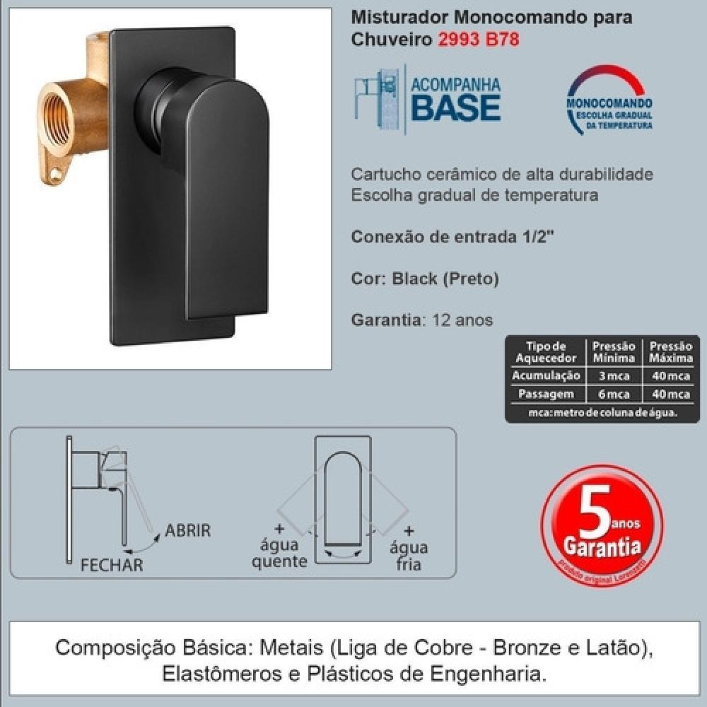 Misturador Monocomando Para Chuveiro Like B78 Black Lorenzetti - 6