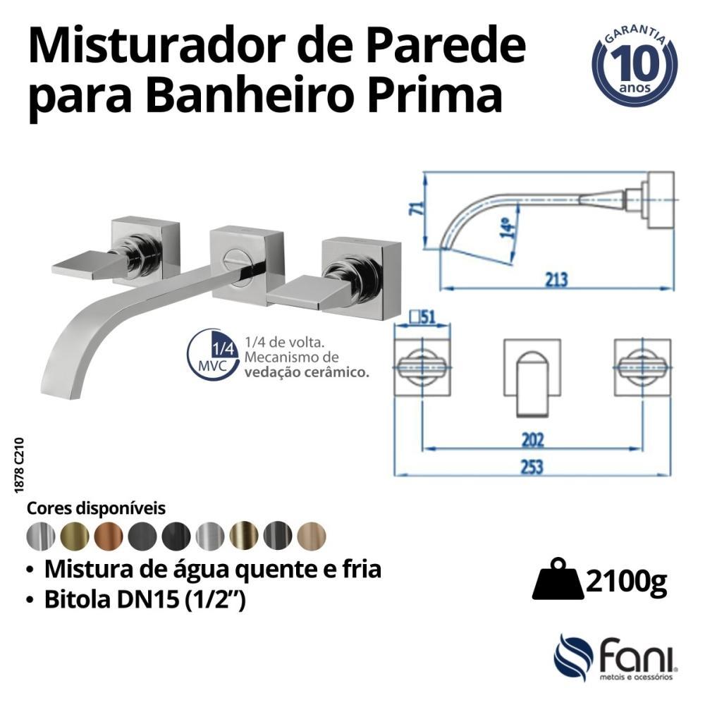 Misturador De Parede Para Lavatório Prima 1878 C210 DN 15 1/2 Cromado Fani - 5