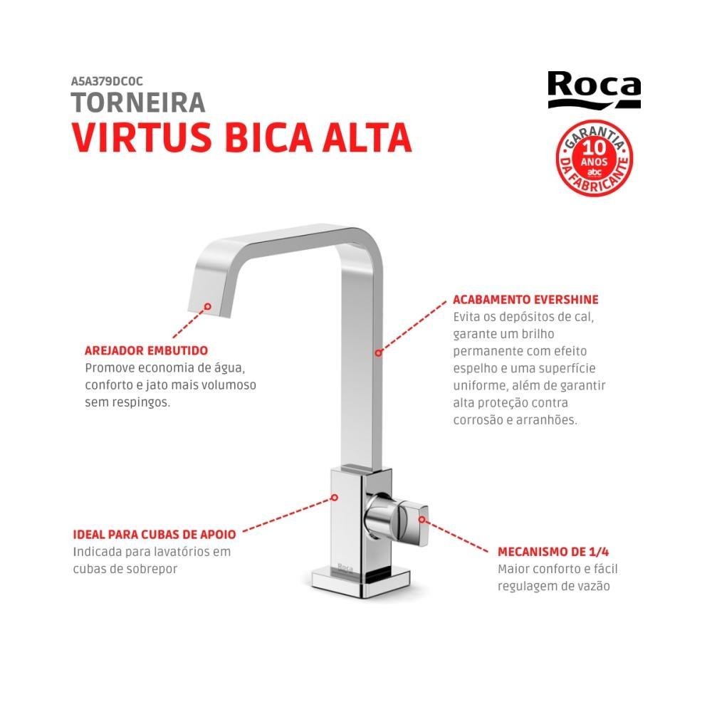 Torneira De Mesa Para Lavatório Com Bica Alta Virtus Cromado Roca - 6