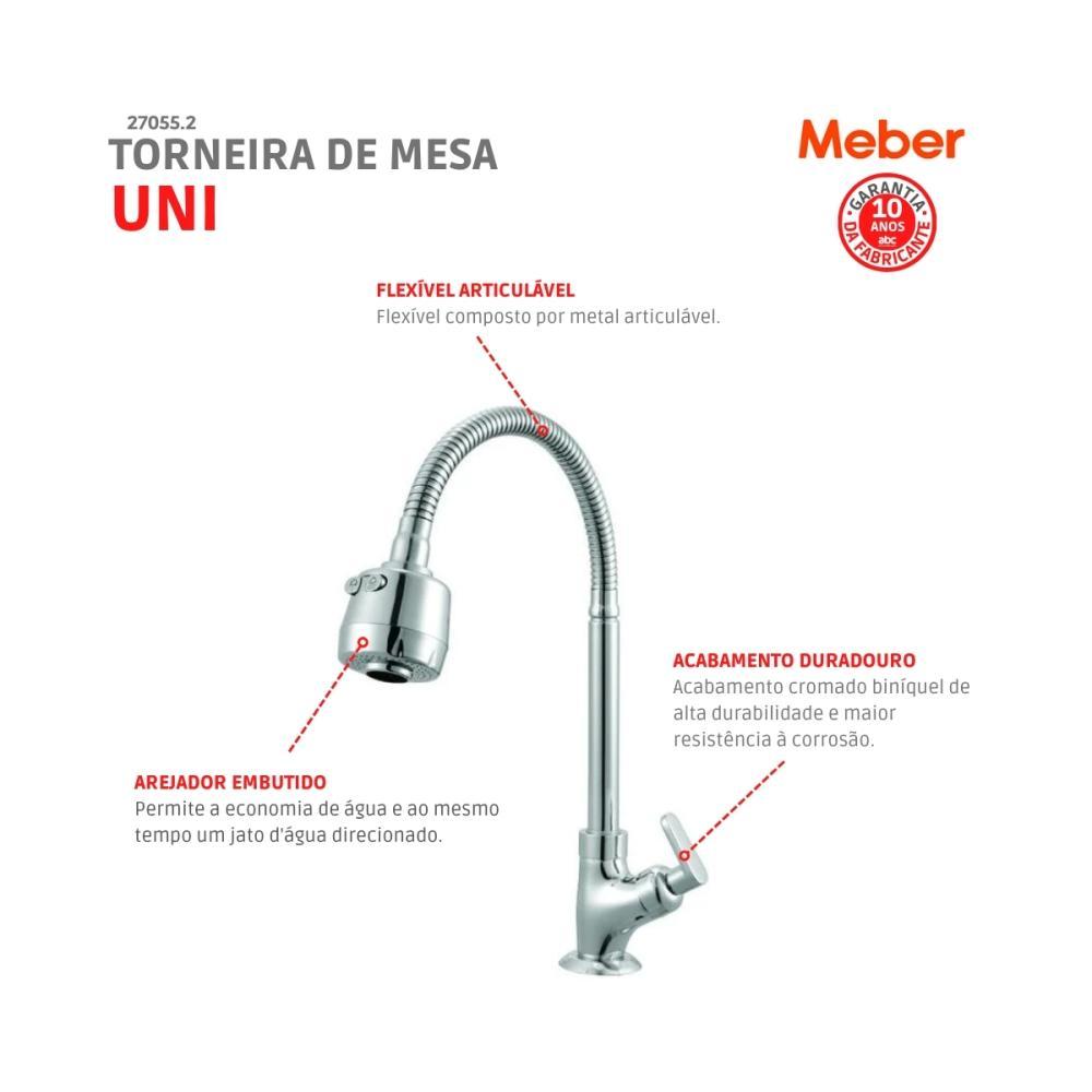 Torneira De Mesa Para Cozinha Bica Móvel C/ Arejador Gourmet Uni Cromado Meber - 3