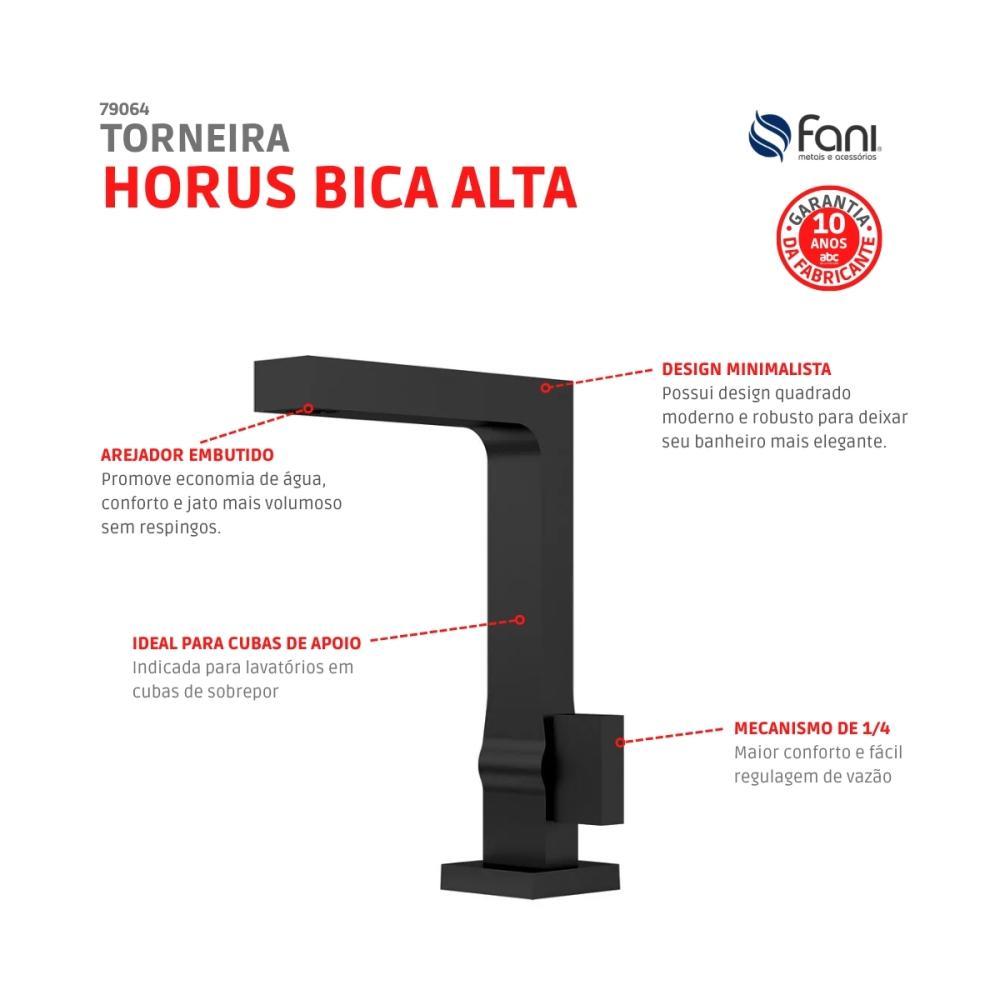 Torneira Para Lavatório De Mesa Bica Alta Horus 450 Preto Fosco Fani - 6
