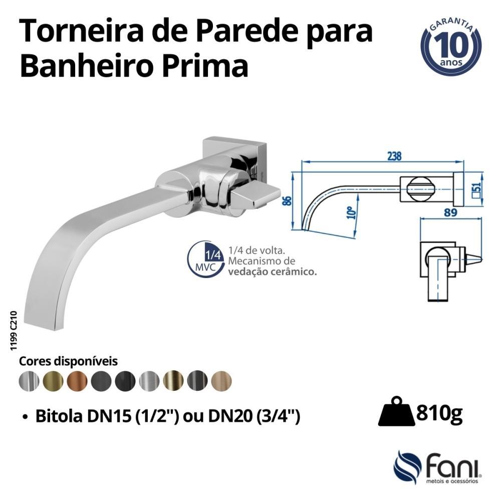 Torneira Para Lavatório De Parede Prima 1199 C210 DN 15 1/2" Cromado Fani - 5