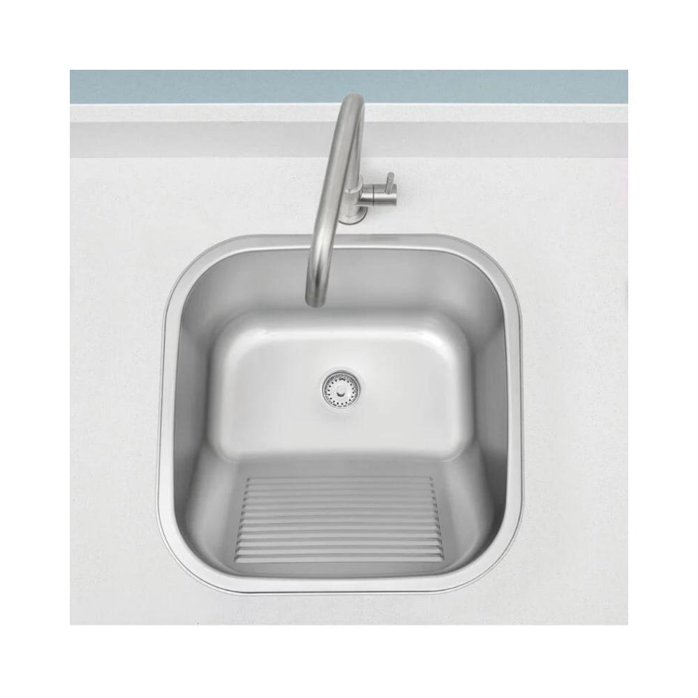 Tanque Em Inox De Encaixe Hera 40x40 Com Válvula  3.1/2 Acetinado Tramontina com Sifão Sanfonado Universal Simples 1.1/2" - 4