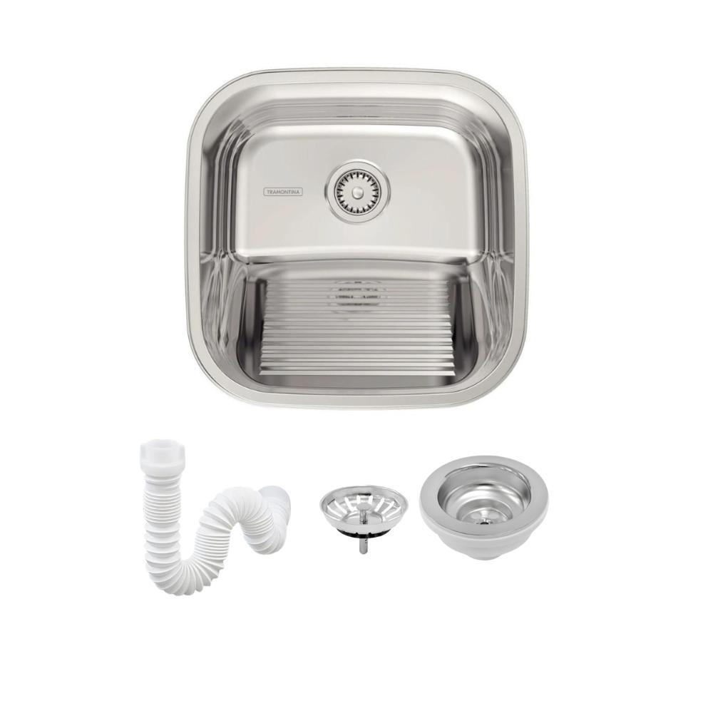 Tanque Em Inox De Encaixe A304 Hera 23l 40x40cm Com Válvula 94403/407 Polido  Tramontina com Sifão Sanfonado Universal Simples 1.1/2" - 1