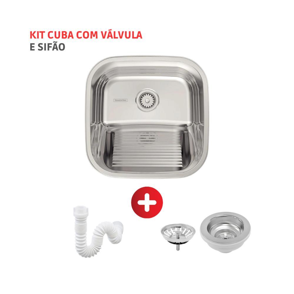Tanque Em Inox De Encaixe A304 Hera 23l 40x40cm Com Válvula 94403/407 Polido  Tramontina com Sifão Sanfonado Universal Simples 1.1/2" - 2