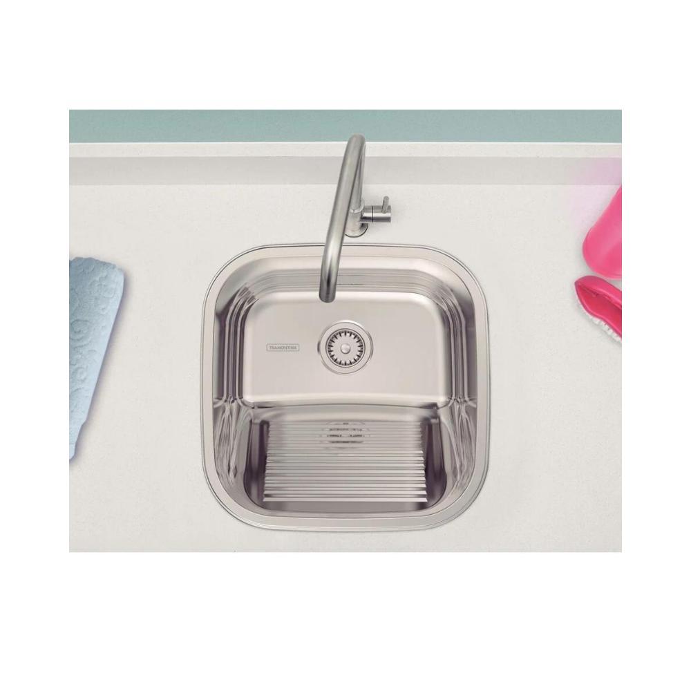 Tanque Em Inox De Encaixe A304 Hera 23l 40x40cm Com Válvula 94403/407 Polido  Tramontina com Sifão Sanfonado Universal Simples 1.1/2" - 4