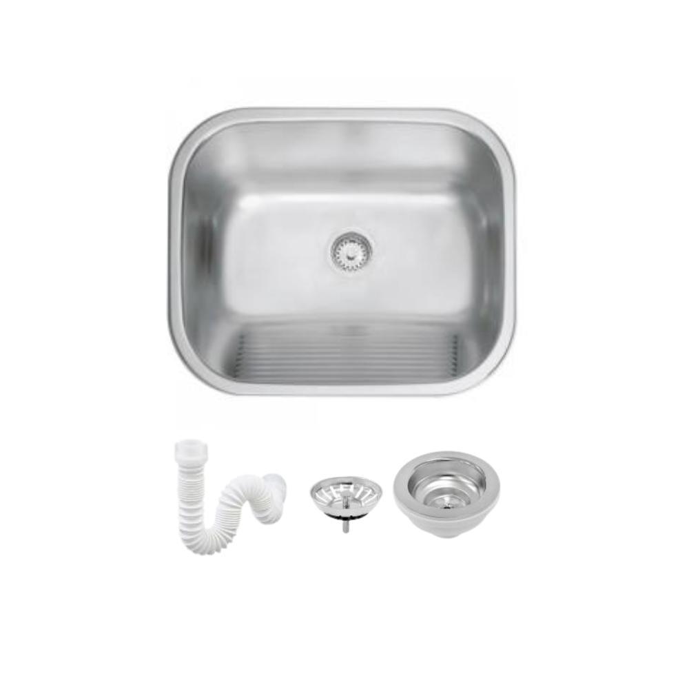 Tanque Em Inox De Encaixe Hera 50x40cm  3.1/2' Com Válvula 94400/107 Acetinado Tramontina com Sifão Sanfonado Universal Simples 1.1/2" - 1