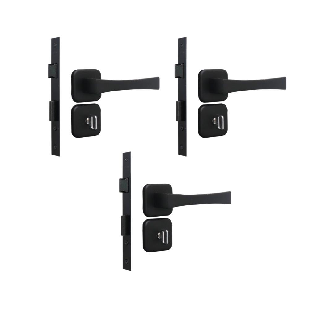 Kit 3 Fechadura Paris Banheiro Preto Fosco 4cm MGM - 1