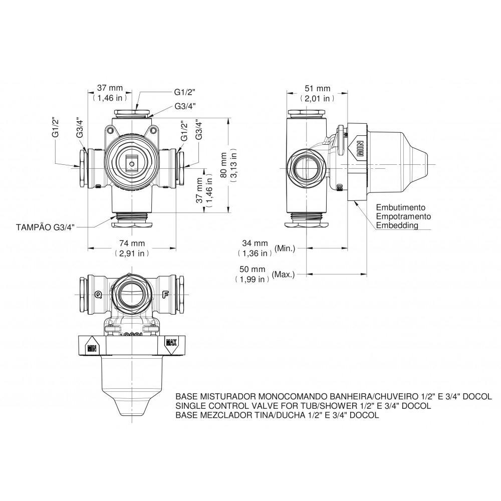Kit 3 Base Misturador Monocomando Para Banheira Ou Chuveiro 1/2" e 3/4" Docol - 3