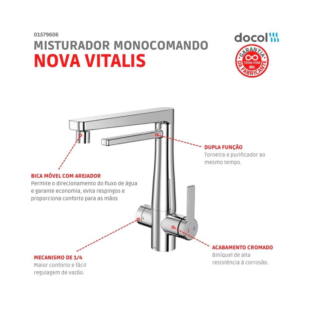 Misturador Monocomando de Mesa Para Cozinha Com Filtro Purificador de Água Nova Vitalis Cromado Docol - 6