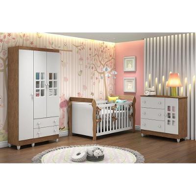 Quarto De Bebê Completo Lara Berço + Guarda Roupa 3 Portas e Cômoda Fraldário Branco Amadeirado Carolina Baby