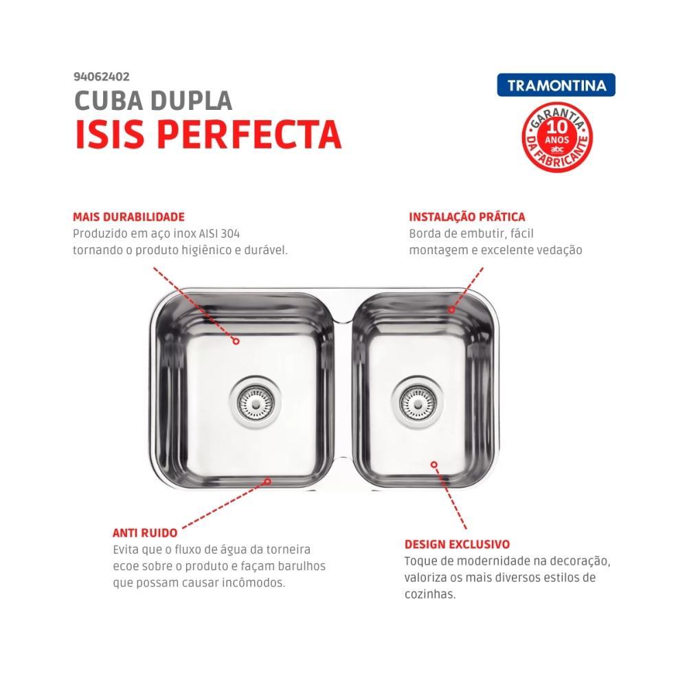 Cuba De Inox Dupla Retangular Isis Perfecta Com Válvula Polido Tramontina 69x40cm - 3