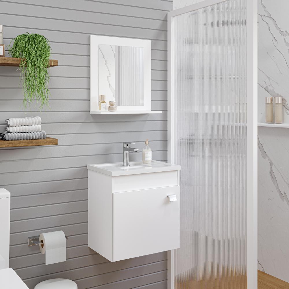 Gabinete Para Banheiro Com Lavatório E Espelho Iris Branco MGM Móveis 44cm - 2