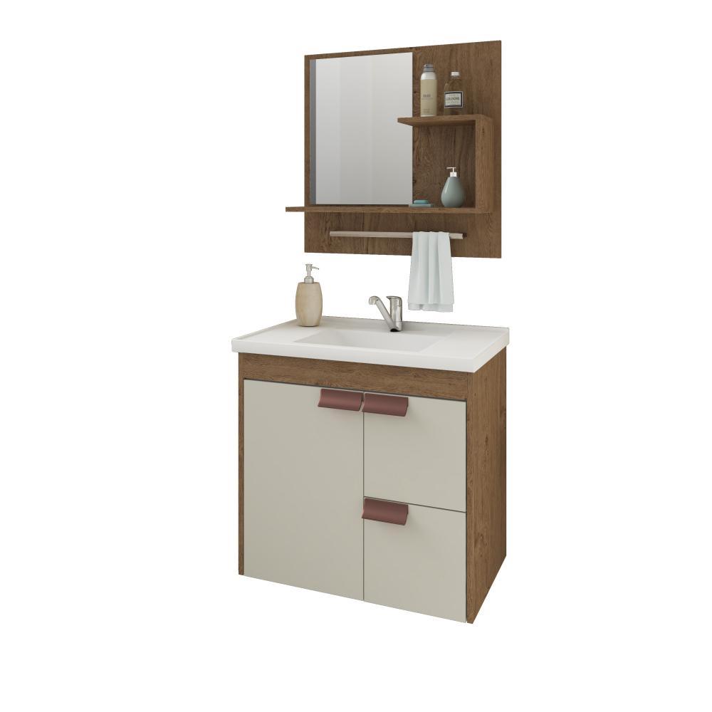 Gabinete Para Banheiro Com Lavatório E Espelho Tulipa Amendoa E Off White MGM Móveis 59cm - 1