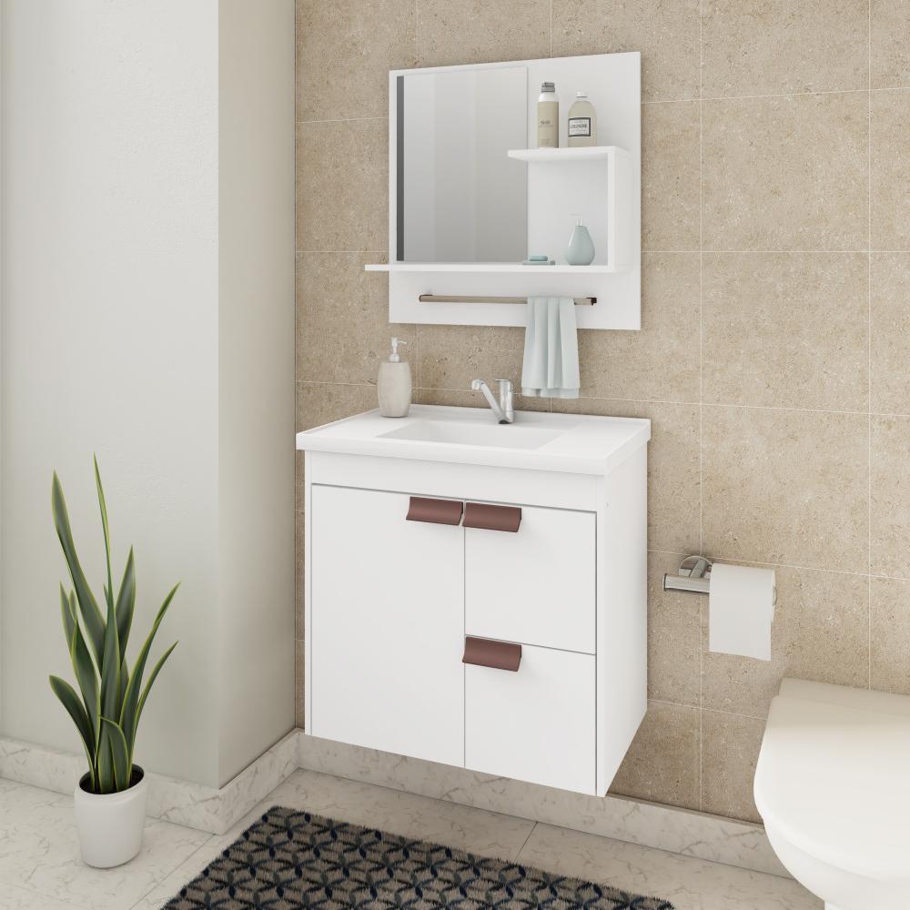 Gabinete Para Banheiro Com Lavatório E Espelho Tulipa Branco MGM Móveis 59cm - 2