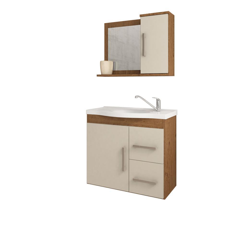 Gabinete Para Banheiro Com Lavatório E Espelho Vix Amendoa E Off White MGM Móveis 65cm - 1
