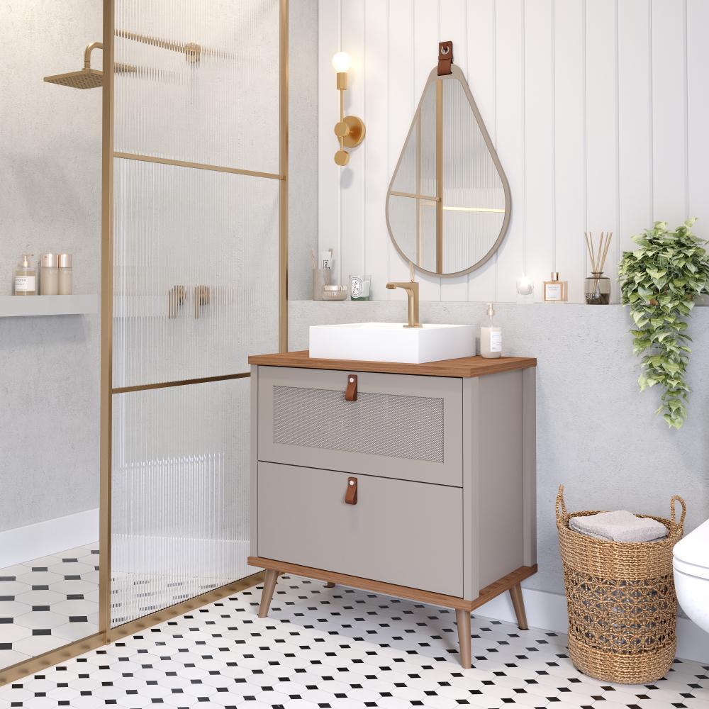 Gabinete Para Banheiro Com Lavatório E Espelho Vêneto Capuccino/Freijo MGM Móveis 60cm - 2