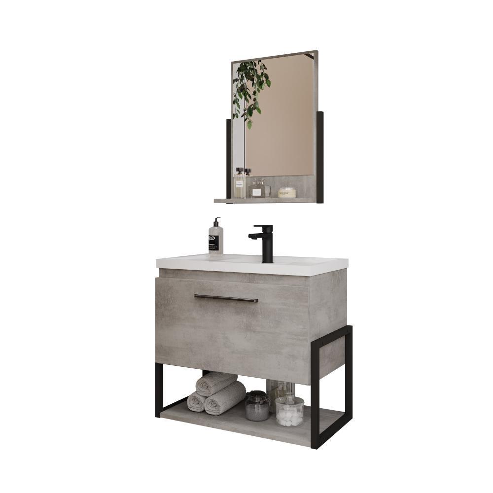 Kit Gabinete Para Banheiro Com Lavatório E Espelho Metalo MDF Metalon Cimento MGM Móveis 60com - 1