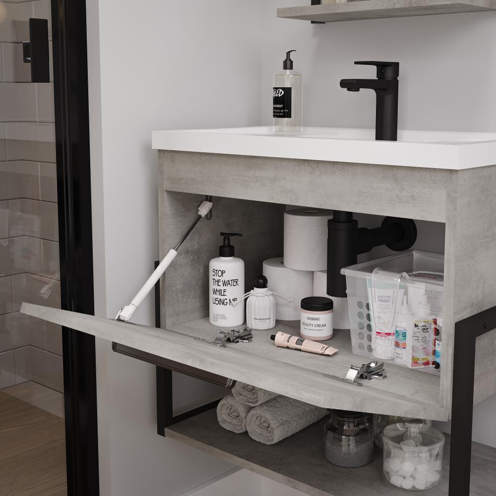 Kit Gabinete Para Banheiro Com Lavatório E Espelho Metalo MDF Metalon Cimento MGM Móveis 60com - 4