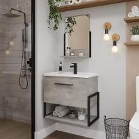 Kit Gabinete Para Banheiro Com Lavatório E Espelho Metalo MDF Metalon Cimento MGM Móveis 60com - 2