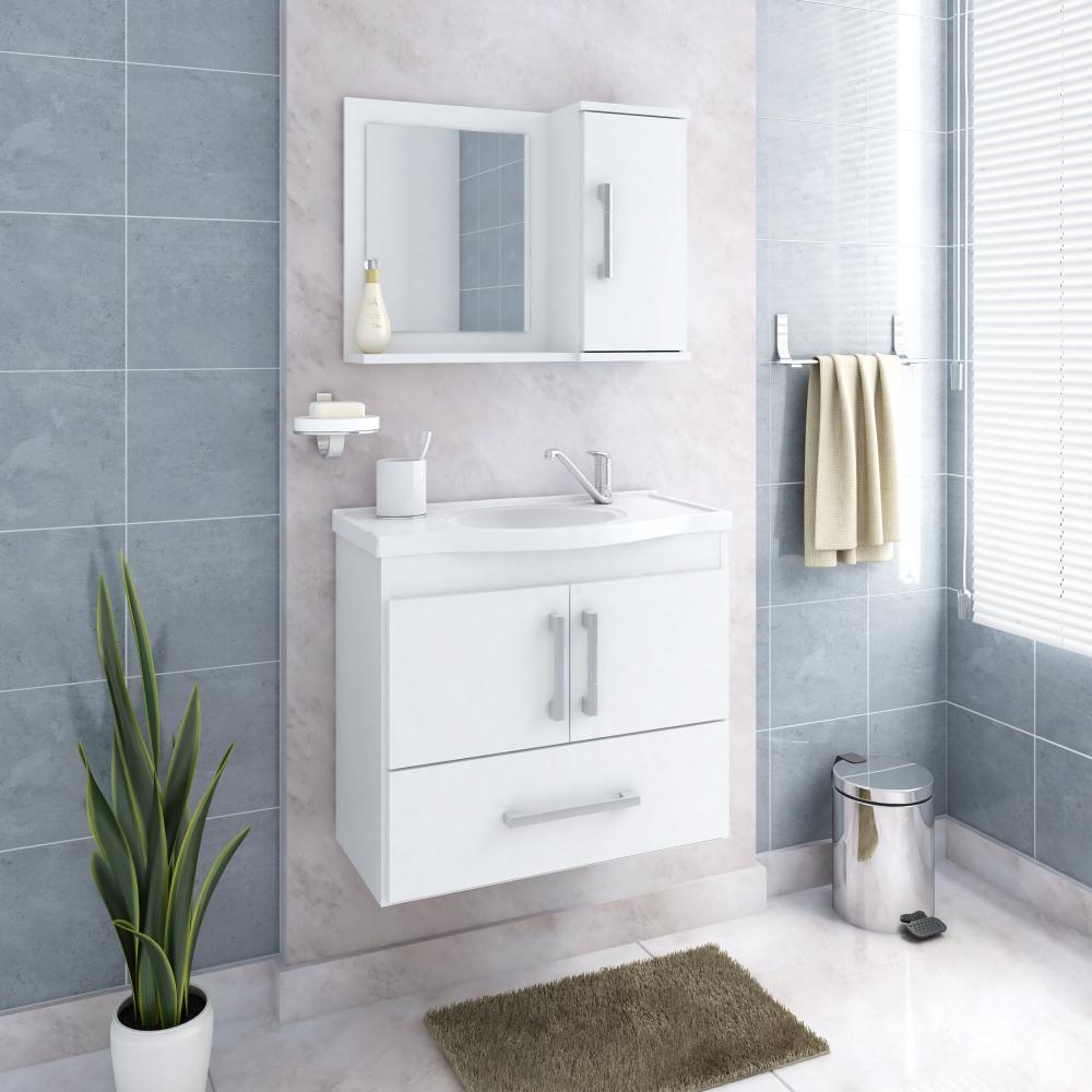 Gabinete Para Banheiro Com Lavatório E Espelho Atenas Branco MGM Móveis 65cm - 2