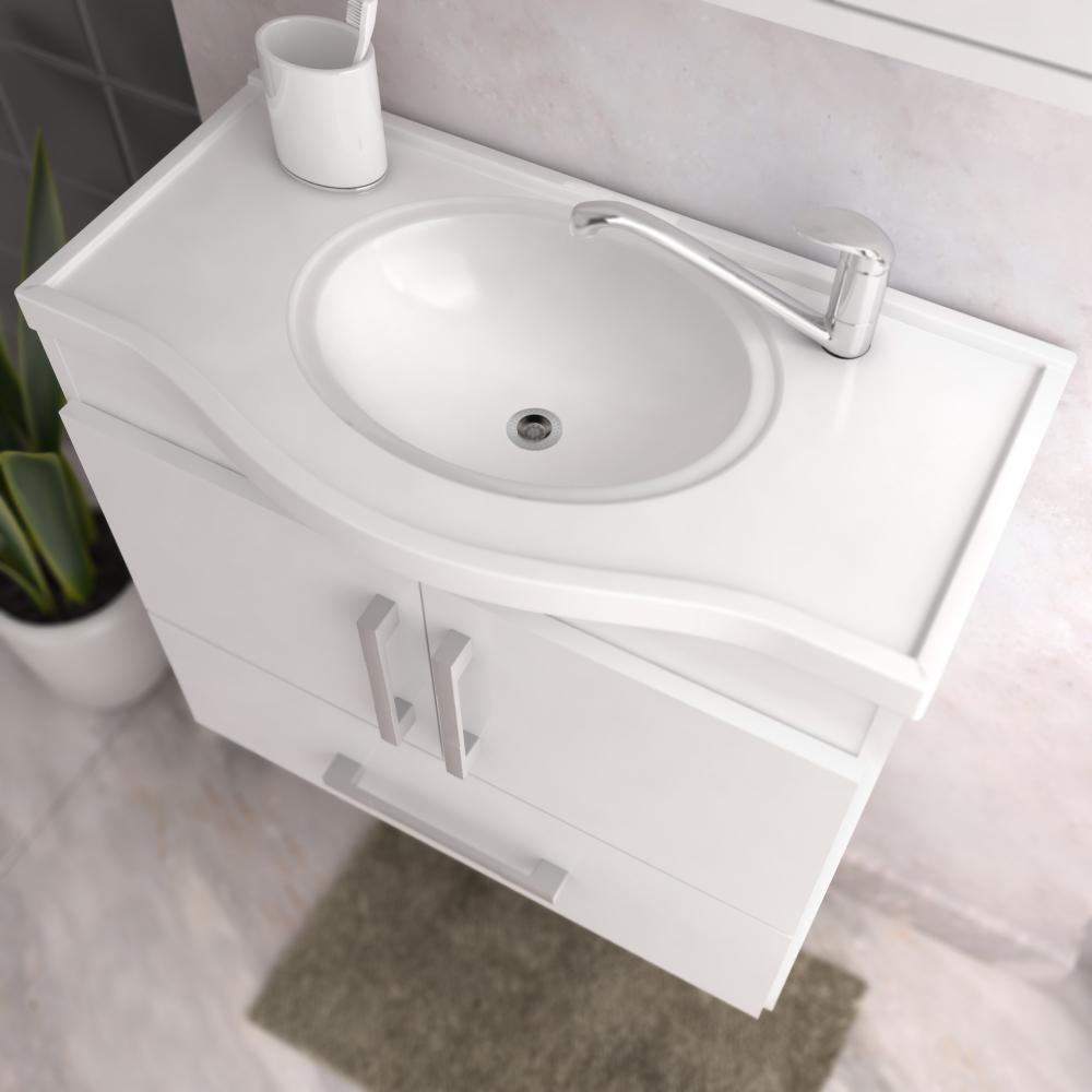 Gabinete Para Banheiro Com Lavatório E Espelho Atenas Branco MGM Móveis 65cm - 3