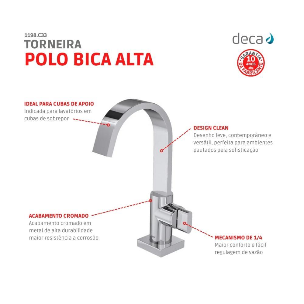 Torneira De Mesa Para Lavatório Polo Bica Alta 1198 Cromada Deca - 4