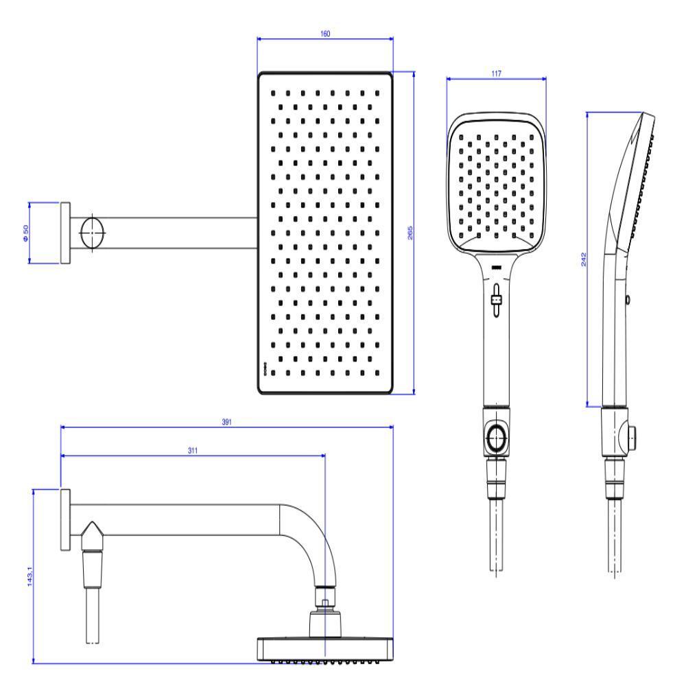 Chuveiro Quadrado De Parede Com Desviador Multijatos Flex Max Black Matte Deca - 3