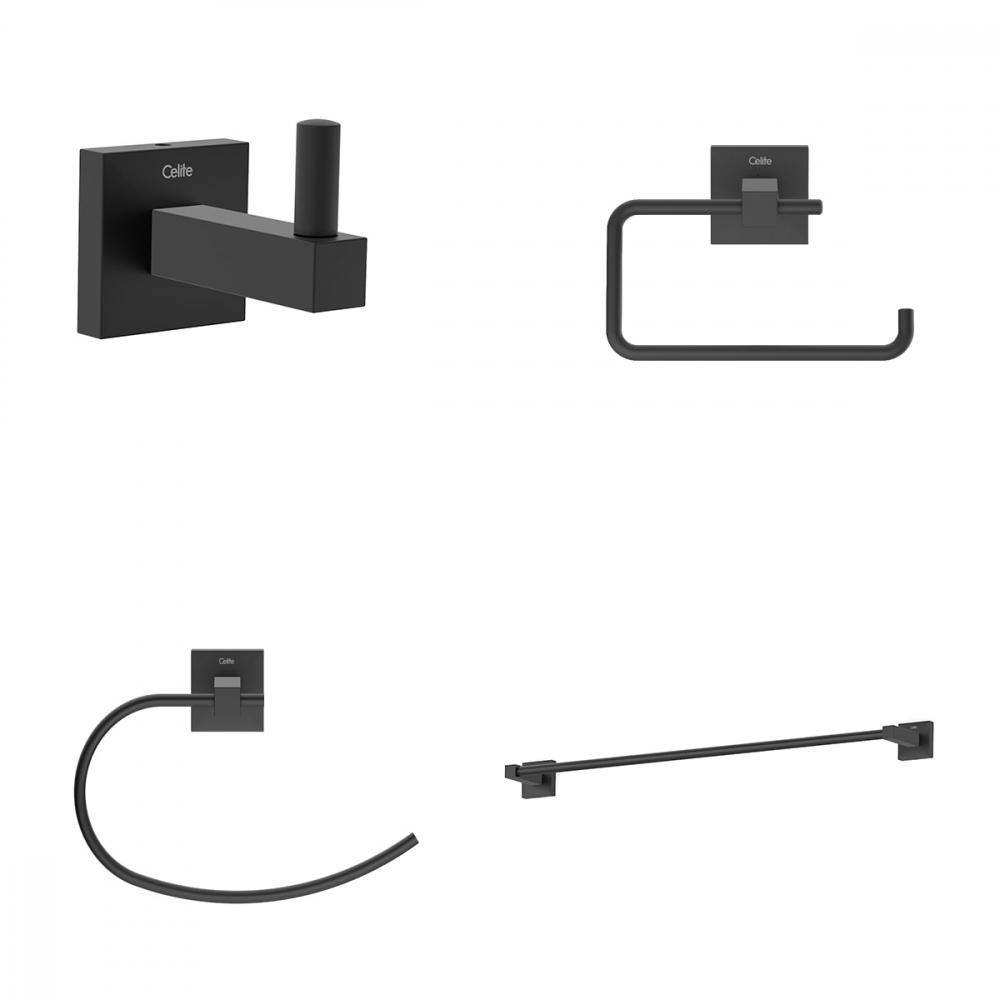 Kit Acessórios Para Banheiro Com 4 Peças Elite Preto Matte Celite - 1