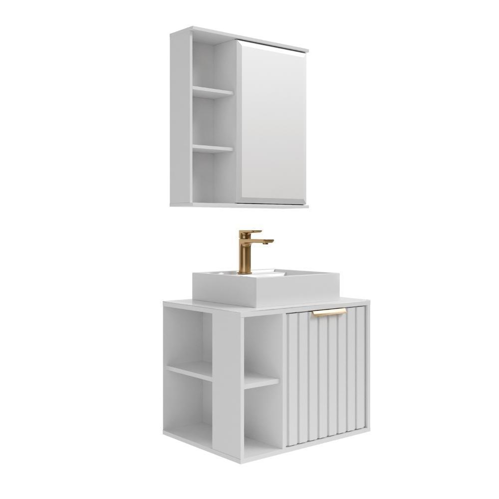 Gabinete Pra Banheiro Com Lavatório Espelho Noruega Branco MGM Móveis 60cm - 1