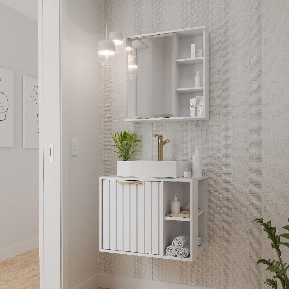 Gabinete Pra Banheiro Com Lavatório Espelho Noruega Branco MGM Móveis 60cm - 2