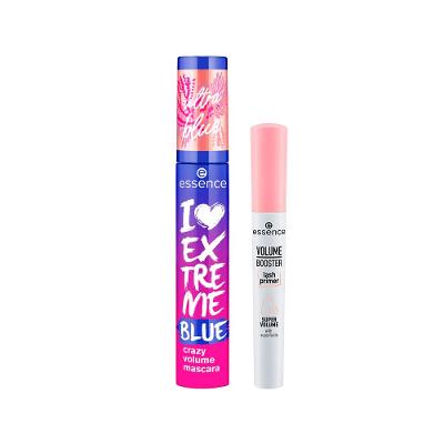 Kit Essence Primer para Cílios Alongadora Volume Branco 7 ml + Máscara de Cílios I Love Extreme Crazy Volume Azul 12ml