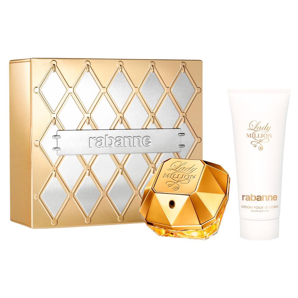KIT COFFRET RABANNE LADY MILLION EDP PERF FEM 80ML + CREME 100ML - CX DOURADA E PRATA - 1