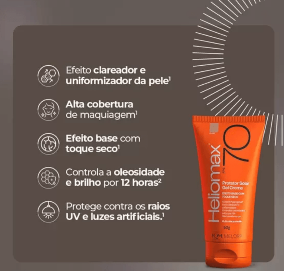 Protetor Solar Gel Creme Facial Heliomax FPS 70 Tom Claro 50g - 4