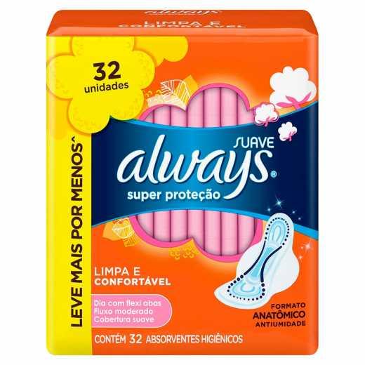 ABSORVENTE ALWAYS SUPER PROTEÇÃO COBERTURA SUAVE COM ABAS 32 UNIDADES LEVE MAIS POR MENOS - 1