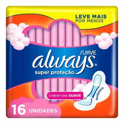 ABSORVENTE ALWAYS SUPER PROTEÇÃO COBERTURA SUAVE COM ABAS 16 UNIDADES LEVE MAIS PAGUE MENOS