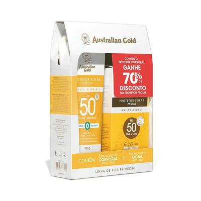 Kit Australian Gold FPS 50 Protetor Solar Corporal Ultraleve 200g + Facial Gel Creme Antipoluição 50g