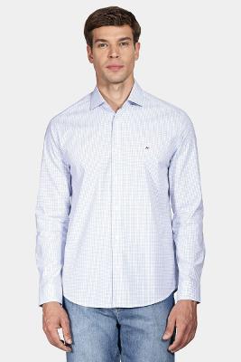 Camisa Aramis Slim Tricoline Stretch Xadrez Branco Com Azul